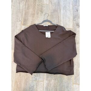 Zara Cropped Sweatshirt Womens L Brown NEW Raw Hem Boxy Cotton 4174/310/700
